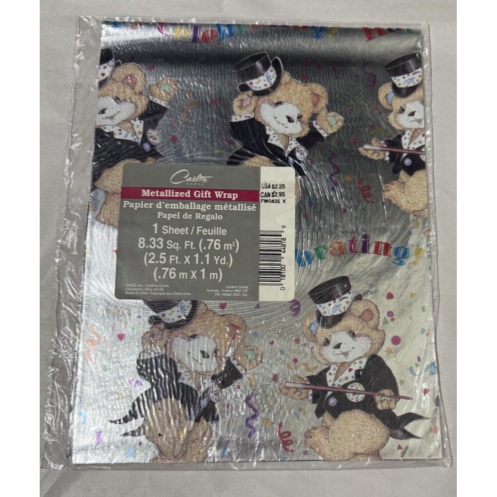 Vintage Carlton Cards Silver Metallic Teddy Bear Gift Wrap Wrapping Paper Sheet